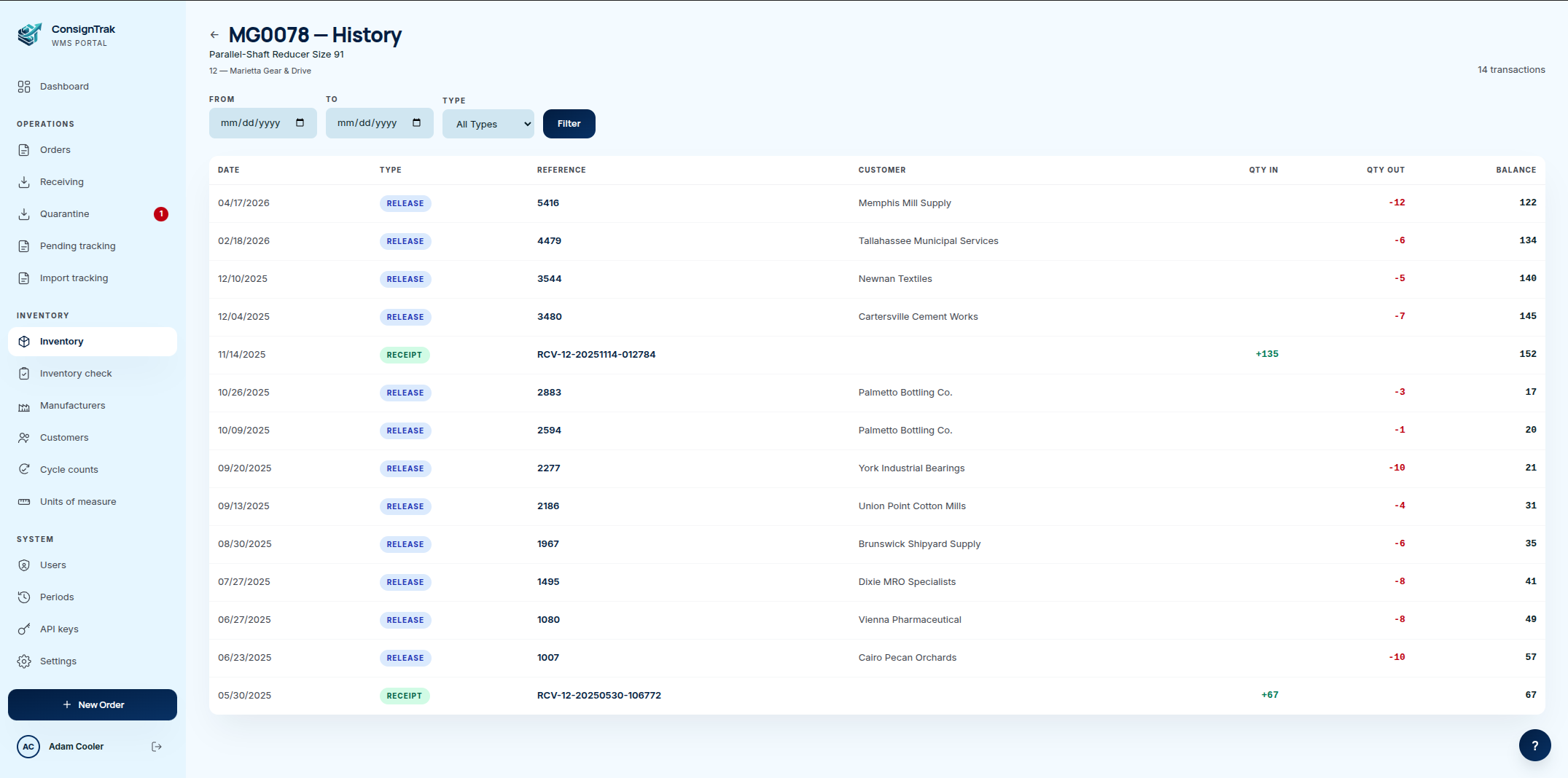 Item movement history showing receipts and releases with references, customers, quantity in, quantity out, and a running balance for each transaction.