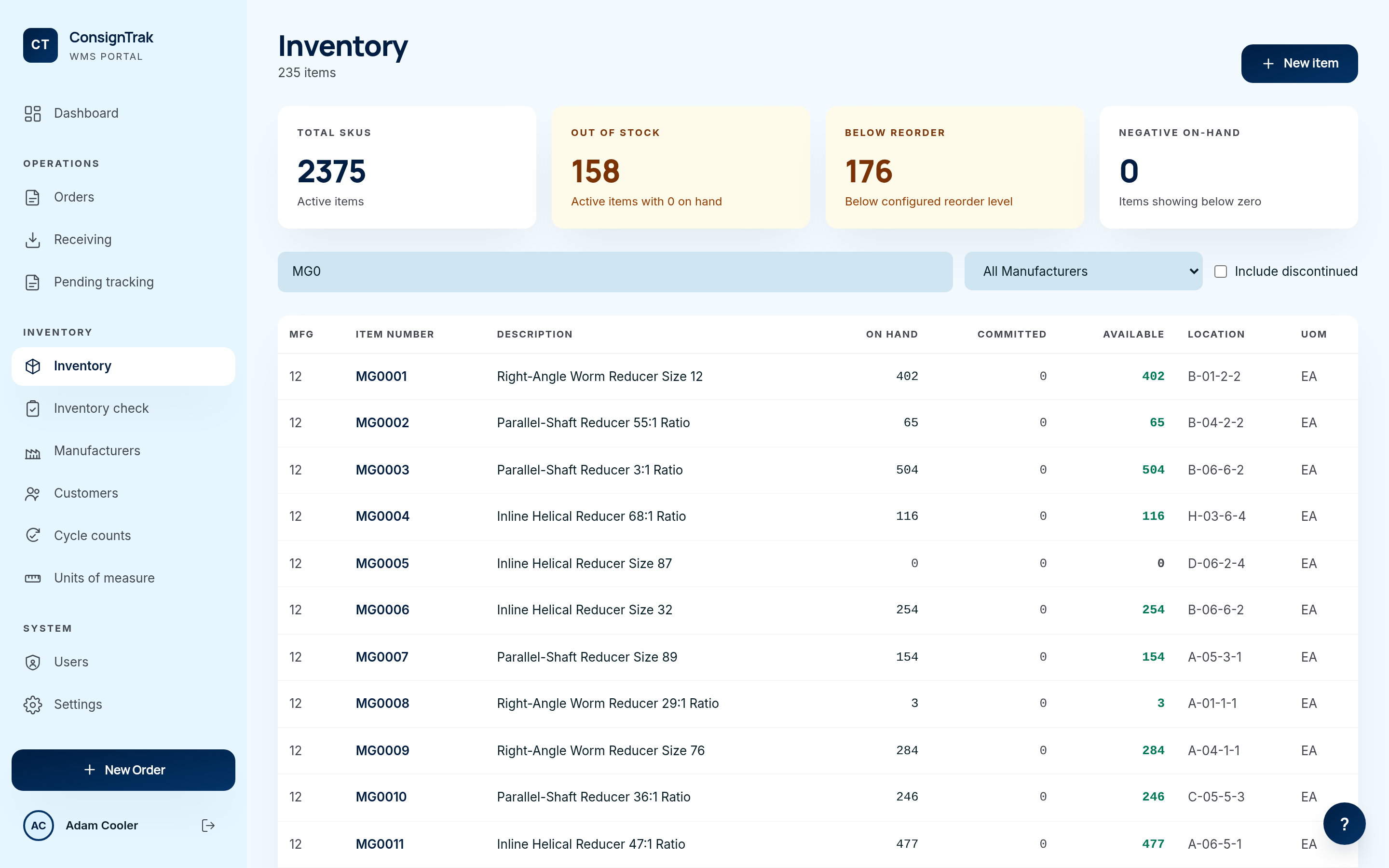 ConsignTrak items search narrowed to 235 results for the query MG0, with matching rows showing part numbers, descriptions, and on-hand quantities.