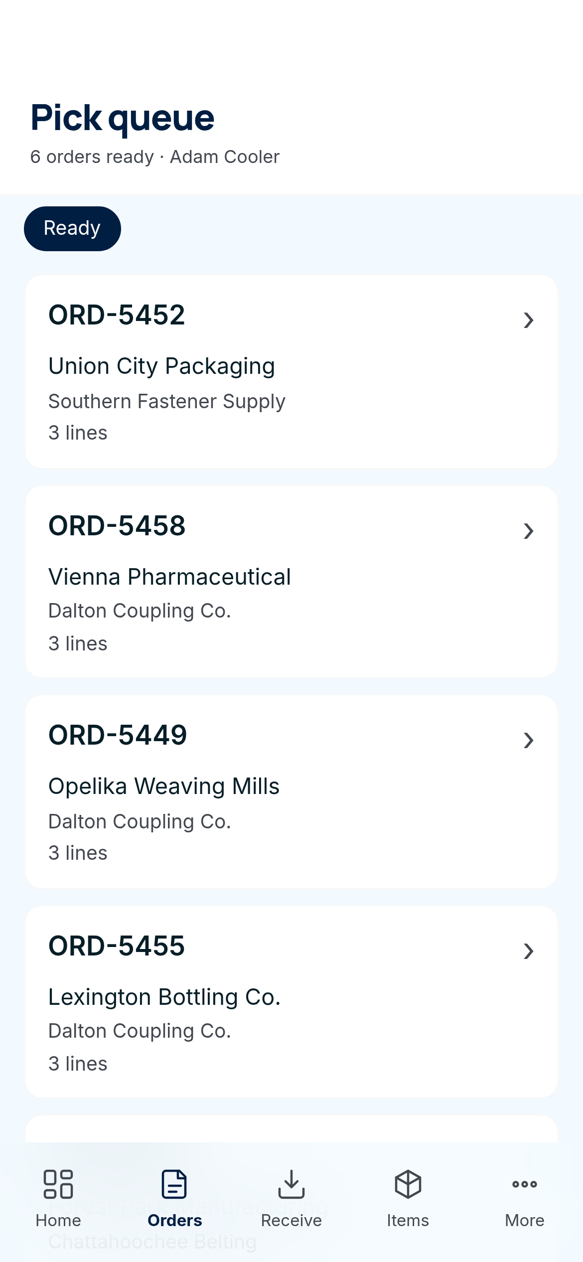 Mobile pick queue showing six ready-to-pick orders with customer and manufacturer names, and a bottom navigation bar for Home, Orders, Receive, Items, and More.